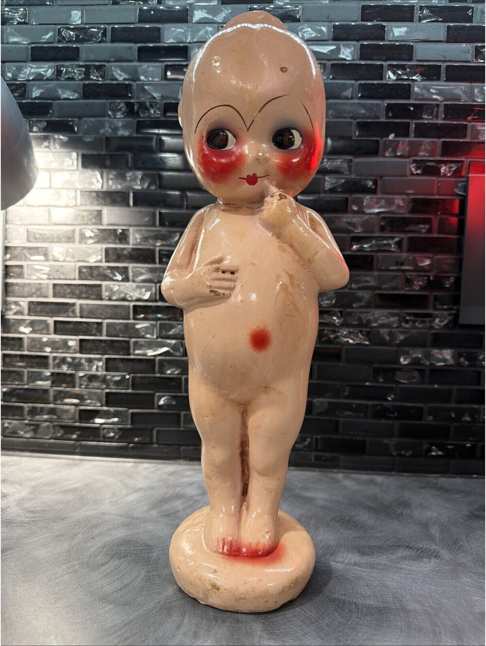 Antique Kewpie Style Carnival Chalkware Baby Figurine 12” Painted Eyebrows
